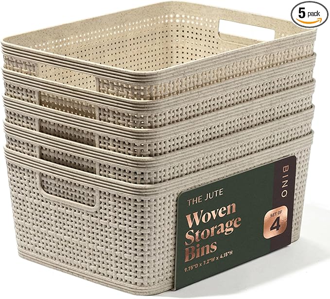 BINO | Woven Plastic Basket | Small (Natural), 5-Pack | THE JUTE COLLECTION | Home Organization, Space - Saving Storage, Stylish Design | Jute Basket | Plastic Storage Basket