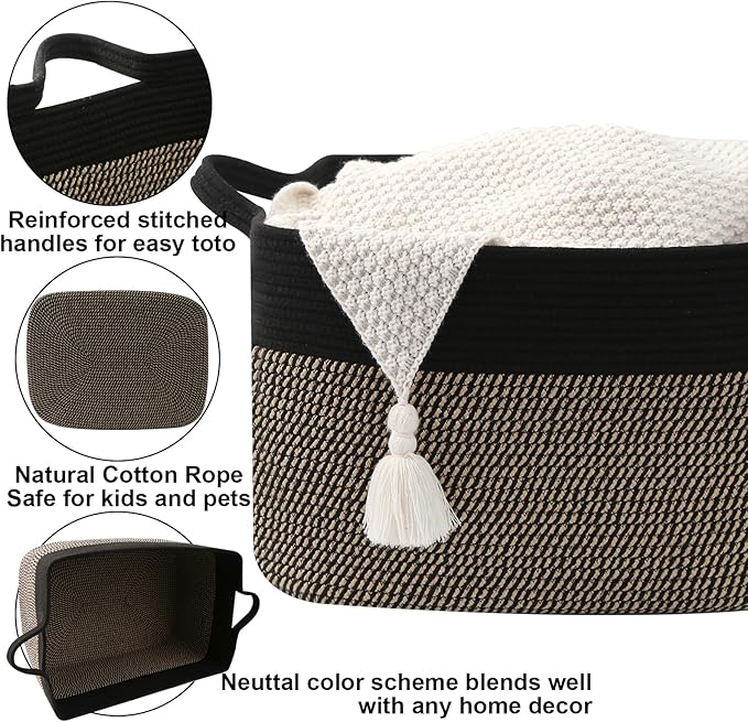 Large Blanket Basket,Woven Rope Basket Storage Bin with Handles,65L Rectangle Laundry Basket for Magazines,Toys,Clothes,Newspaper Shelf Organization,Nursery and Living Room,Black&Jute