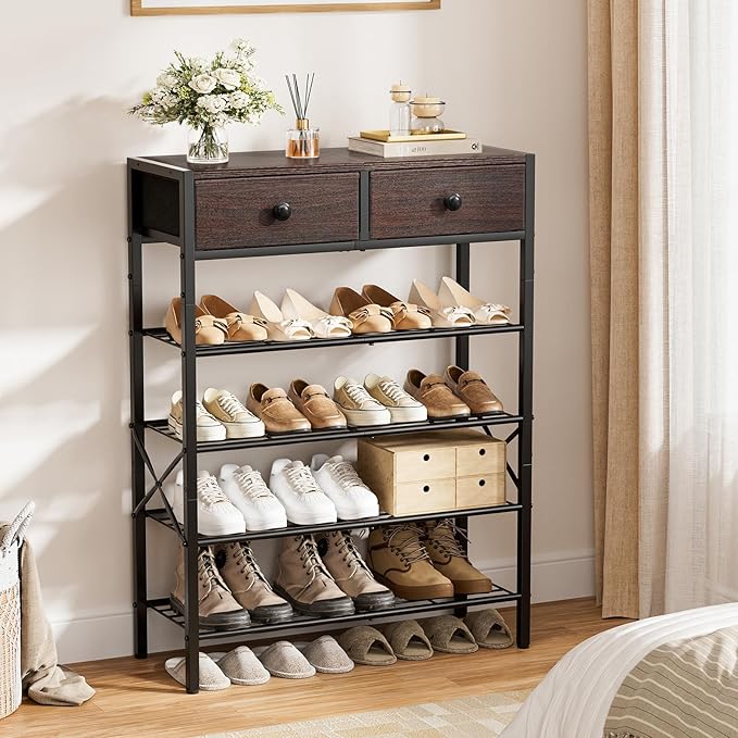 Shoe Rack for Entryway, 5 Tier Shoe Organizer with 2 Non-Woven Drawers, Metal Storage Shoe Shelf for 16-20 Pairs of Shoes, with Wooden Top and Steel Frame, Shoe Stand for Closet Dark Brown