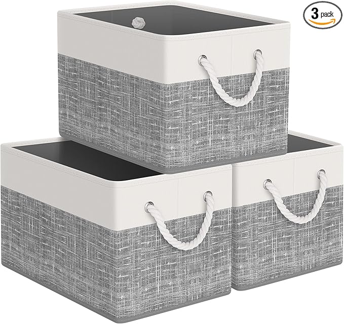 StorageTastic Storage Bin,Collapsible Storage Basket For Organizing,Large Storage Boxes With Rope Handles,Storage Containers,White & Grey,3 Pack