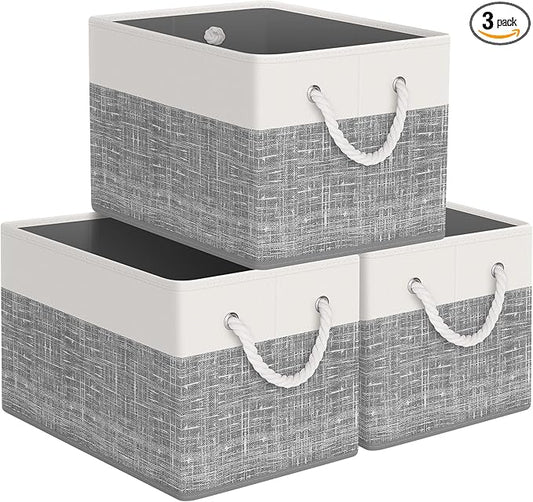 StorageTastic Storage Bin,Collapsible Storage Basket For Organizing,Large Storage Boxes With Rope Handles,Storage Containers,White & Grey,3 Pack