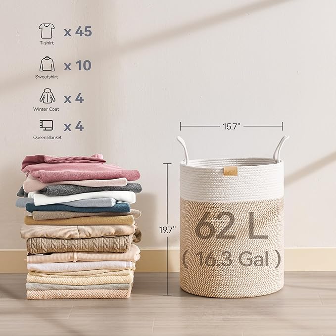 Nunsino Laundry Hamper 62L,Large Laundry Basket for Clothes,Decorative Storage Basket for Blankets,Cotton Rope Woven basket for bedroom,Brown White