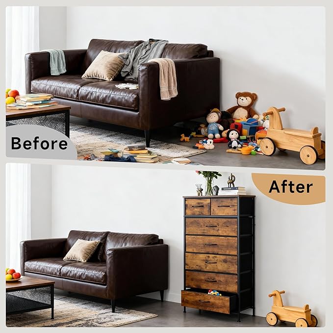 Mifuro Tall Dresser for Bedroom, Vertical Storage Organizer Tower with 7 Drawers, Chest of Drawers with Fabric Bins, Steel Frame, Wood Top for Bedroom, Closet, Entryway- Rustic Brown