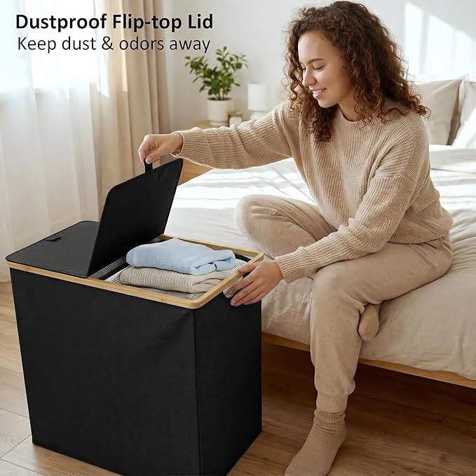 efluky Laundry Hamper with Lid, Double Laundry Hamper with 2 Removable Bags, 2 Section Laundry Basket with Bamboo Handles for Bathroom, Bedroom & Laundry Room, 140L (36.9 Gallon) Black