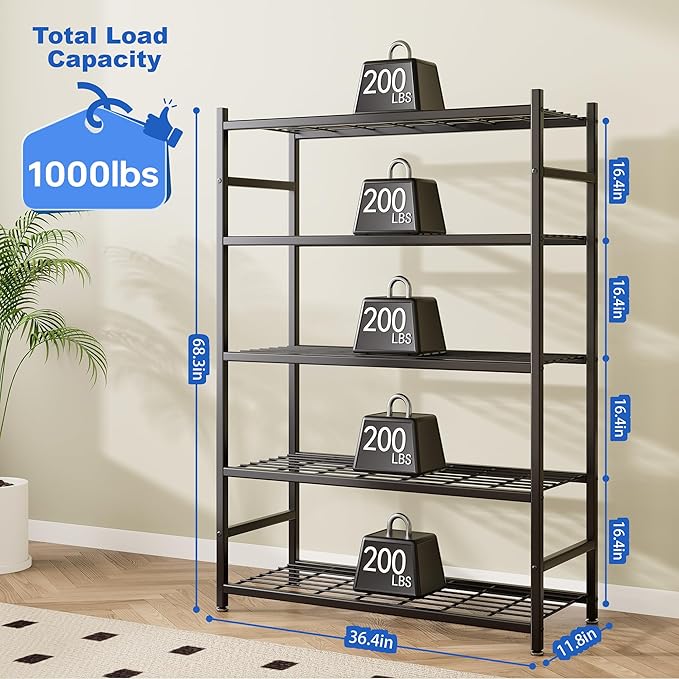 Storage Shelves, 5-Tier Metal Shelving Unit with Adjustable Feet, Shelf Organizer for Garage, Kitchen, Pantry and Closet Organization, 36.4" x 11.8" x 68.3", Black
