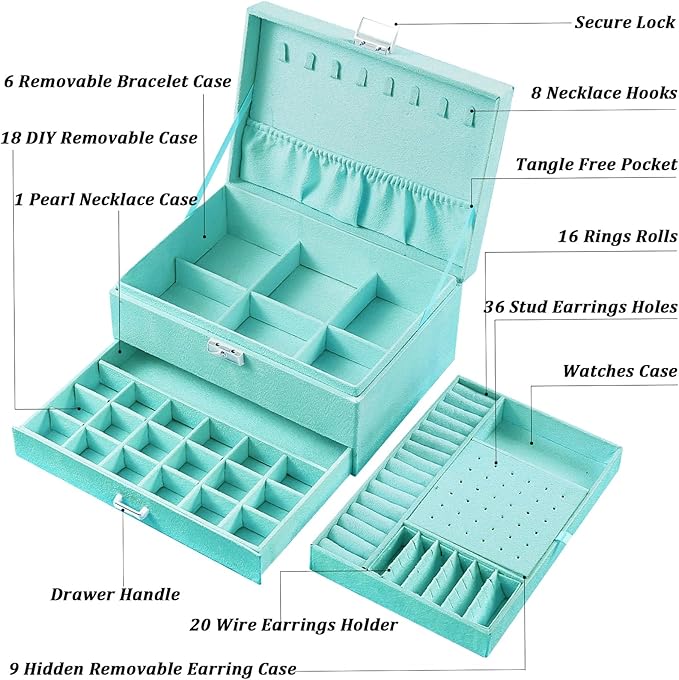 QBestry 3-Layer Jewelry Box for Girls & Teens with Lock and Key, Large Jewelry Organizer with 8 Necklace Hooks & 56 Earring Holes, Teal Velvet Jewelry Storage Box for Necklaces Earrings Rings Bracelet