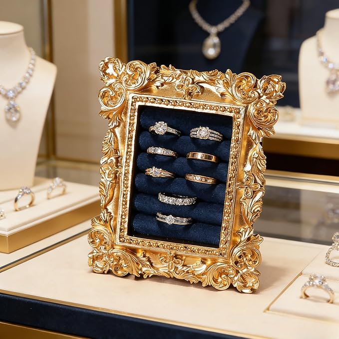 Vintage Ring Holder Rectangle Gold Velvet Display Stand - Baroque Jewelry Organizer Box Tray for Wedding Engagement Anniversary Women Birthday Christmas Gift Photograph Prop (MPF05-Gold Blue)