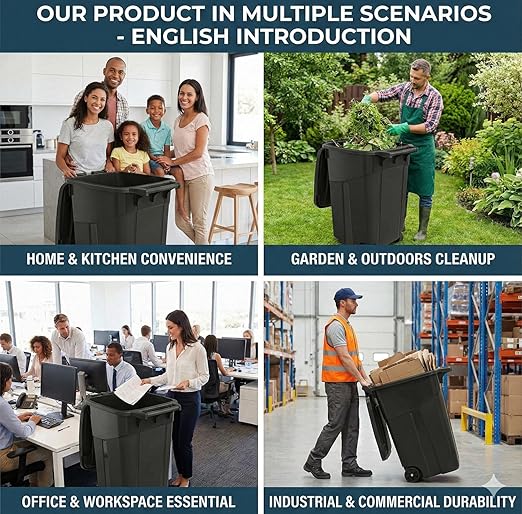 Outdoor Trash Can with Lid & Wheels, 32 Gallon Large Garbage Can for Garage & Patio, Heavy Duty Lockable Lid, Rugged Wheels & Easy Grip Handle
