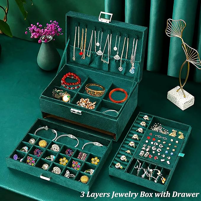 QBestry Jewelry Box for Women with Drawer, 3-Layer Large Jewelry Organizer with Lock & Key, 8 Necklace Hooks & 56 Earring Holes, Green Velvet Jewelry Storage Box for Necklaces Earrings Rings Bracelets