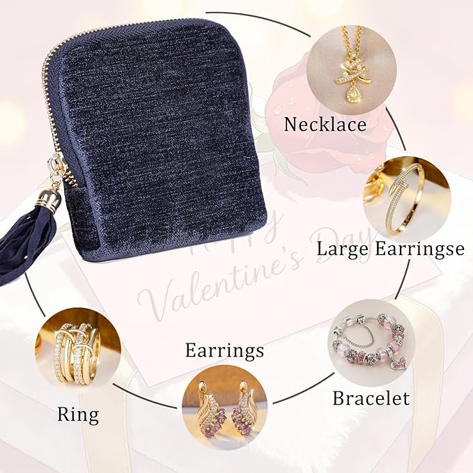 ASINGYER Travel Jewelry Storage Bag for Women, Velvet Portable Jewelry Organizer with Tassel Zipper, Small Pouches for Bracelets Necklaces Rings Earrings, Wedding Gift for Women (dark blue)