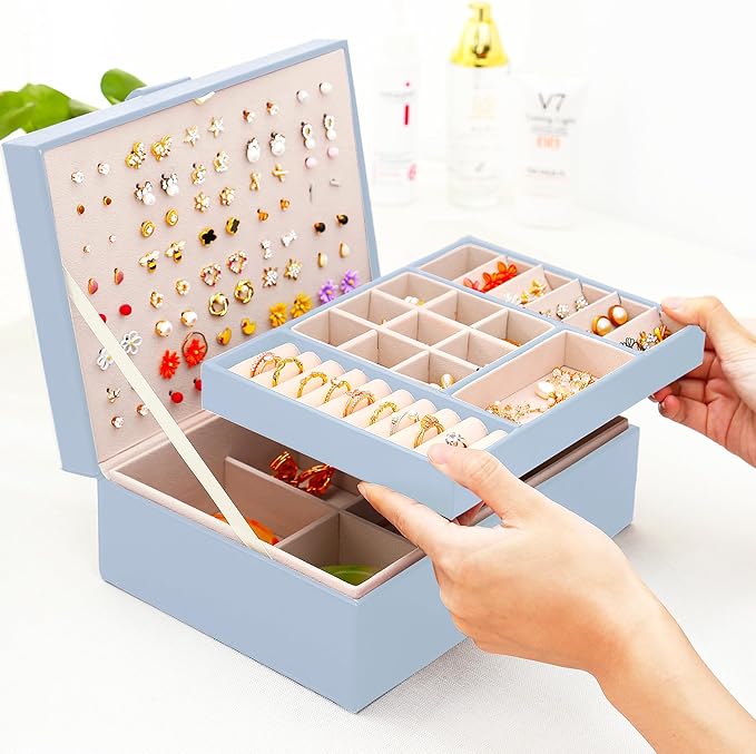 QBestry Girls Jewelry Box Earring Holder Organizer for Girls Jewelry Organizer Box Stud Earrings Organizer for Girls Womens Blue Jewelry Box for Earrings and Necklaces Rings Stud Earrings Box for Teen