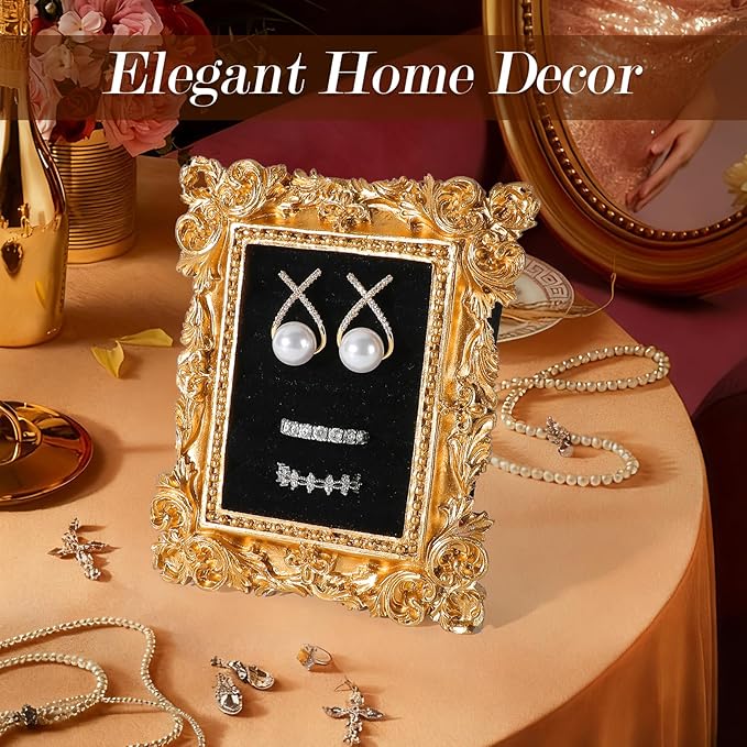 Vintage Ring Holder Rectangle Gold Velvet Display Stand - Baroque Jewelry Organizer Box Tray for Wedding Engagement Anniversary Women Birthday Christmas Gift Photograph Prop (MPF05-Gold Black)