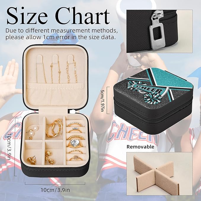 Cheerleader Travel Jewelry Case, Cheer Travel Jewelry Box for Women, Mini Jewelry Travel Case for Cheer Team, Cheerleader Gifts for Girls (Teal)