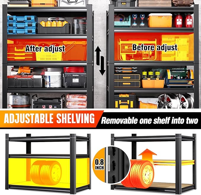 71.2"H Storage Shelves, 5 Tier Adjustable Wood Garage Shelving, Utility Tall Metal Shelving Unit, Easy to install Standing Garage Storage for Warehouse,Bedroom,Basement,31.5"W X 13.8"D X 71.2"H
