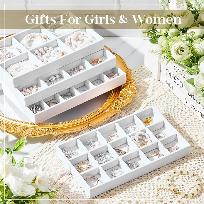 Junkin 12 Pcs Jewelry Tray Velvet Stackable Jewelry Organizer Trays Divided Earring Accessories Storage Containers Box (Rose Red)