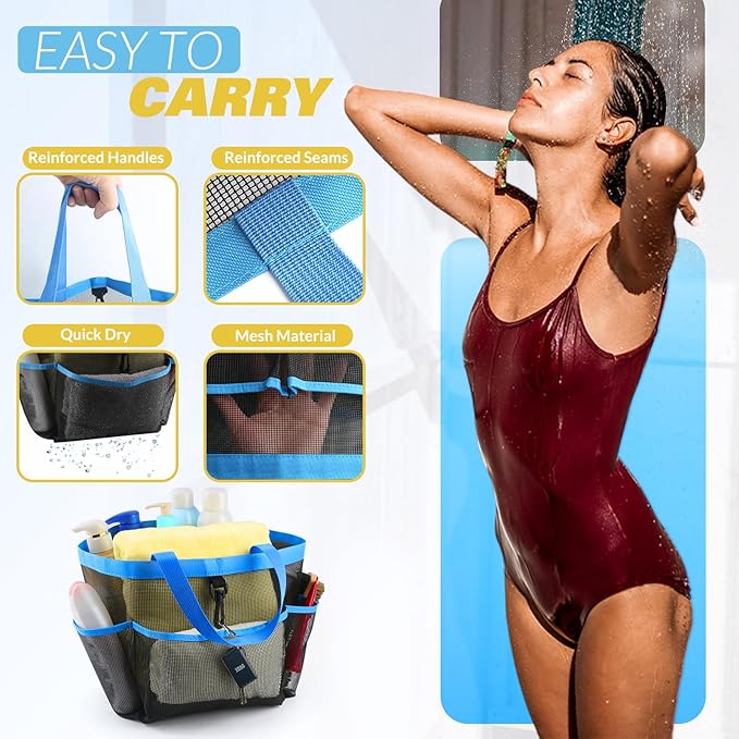 LOYEE Mesh Shower Caddy Portable for College Dorm Room Essentials with 8 Pockets, Shower Bag for Beach, Swimming, Gym, Travel, Bathroom(Blue)