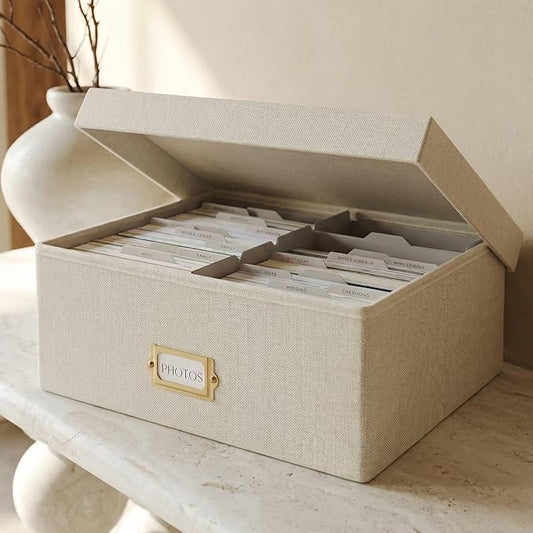 ZICOTO Decorative Photo Storage Box - Sturdy Linen Photo Organizer with Dividers is Perfect to Store up to 1700 Pictures and 4x6 Photos - Portable Scrapbook Storage Containers with Lid