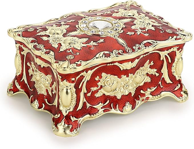 Hipiwe Vintage Jewelry Box, Small Enameled Trinket Box Organizer Rectangular Treasure Chest Box Jewelry Decorative box Keepsake Gift Box Case for Women,3.7x 2.7x 2 inch
