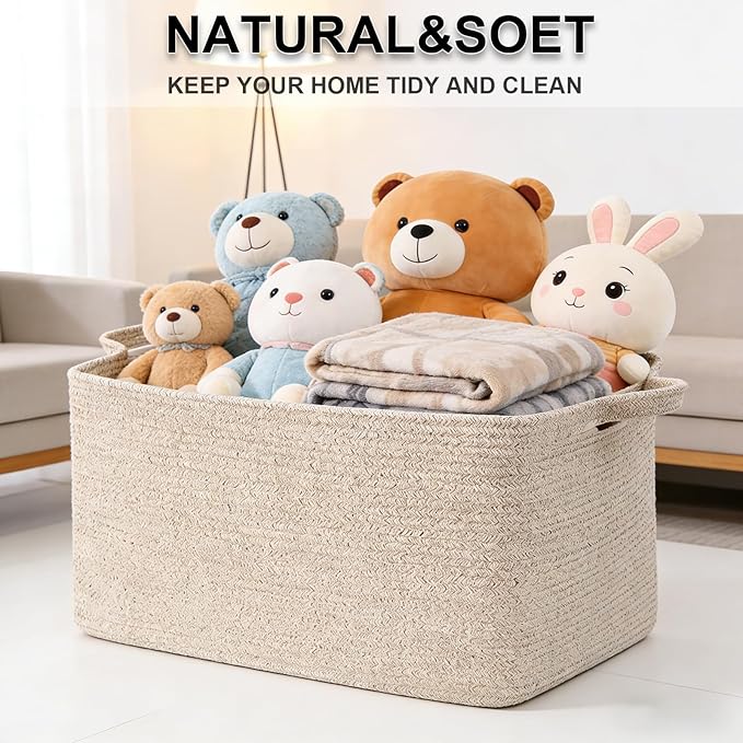 Large Blanket Basket,Woven Rope Basket Storage Bin with Handles,65L Rectangle Laundry Basket for Magazines,Toys,Clothes,Newspaper Shelf Organization,Nursery and Living Room,Brown