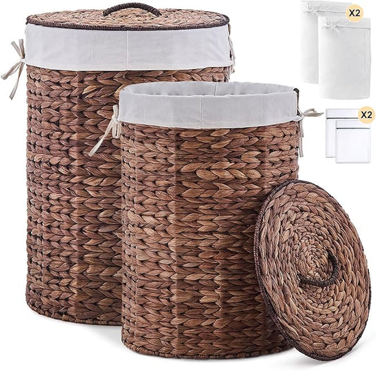 Round Water Hyacinth Laundry Hamper with Lid Handwoven Wicker Basket with Handles for Dirty Clothes, Storage, and Organization Ideal for Bedroom, Bathroom, and Laundry Room, No Assembly Required, 2Pcs
