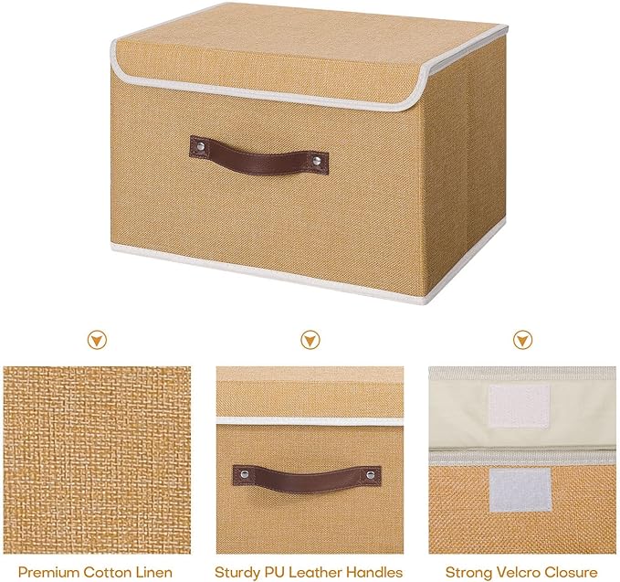 ANMINY Storage Bin with Lid Storage Boxes with PU Leather Handles PP Plastic Board Decorative Foldable Lidded Cotton Linen Fabric Home Cubes Baskets Closet Organizer Container - Khaki, Large Size