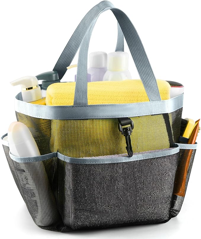 LOYEE Mesh Shower Caddy Portable for College Dorm Room Essentials with 8 Pockets,Shower Bag for Beach,Swimming,Gym,Travel,Bathroom(Grey)