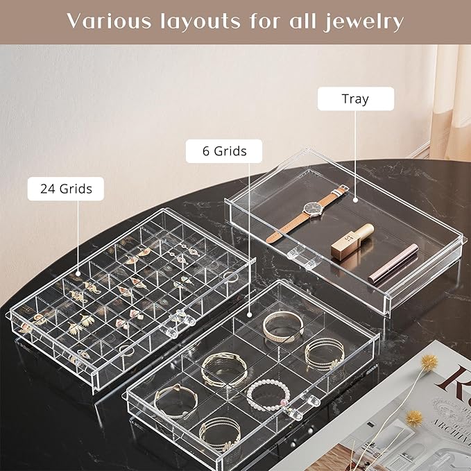 ProCase Acrylic Earrings Holder Organizer Box, Large Clear Earring Jewelry Storage Transparent Stackable Drawers Jewelry Display for Earring Ring Bracelet -Clear, 8 Layers