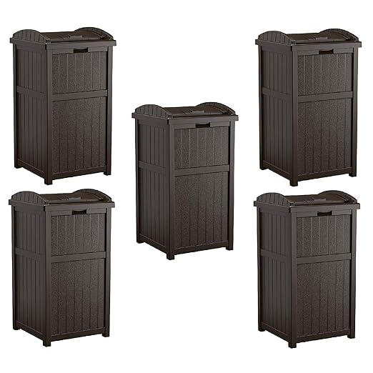 Suncast 5 Pack 33 Gallon Durable Plastic Hideaway Outdoor Garbage Can with Secure Lid & Wicker Design for Home Backyards, Decks, or Patios, Java Brown