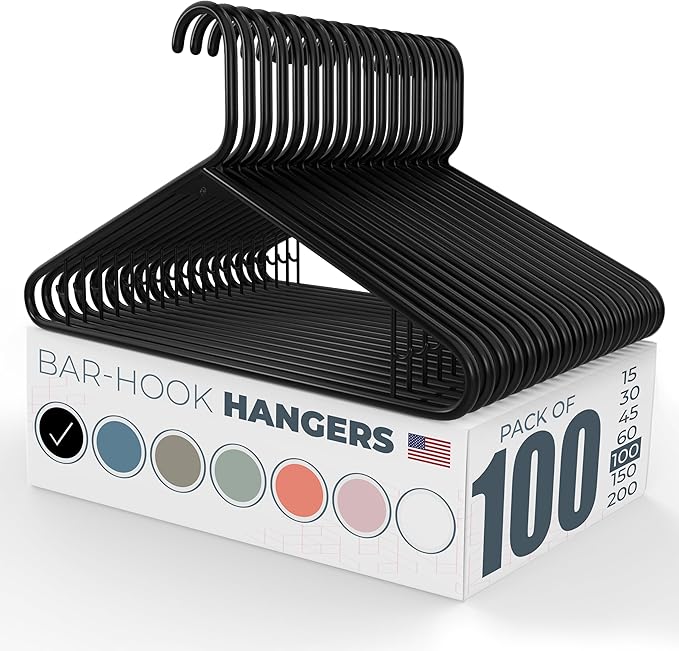 Neaties Plastic Hangers 100 Pack – Made in the USA – 6lb Capacity Standard Clothes Hangers with Strap Hooks for Dresses, Lingerie, Shirts, Pants, and Jackets – Black