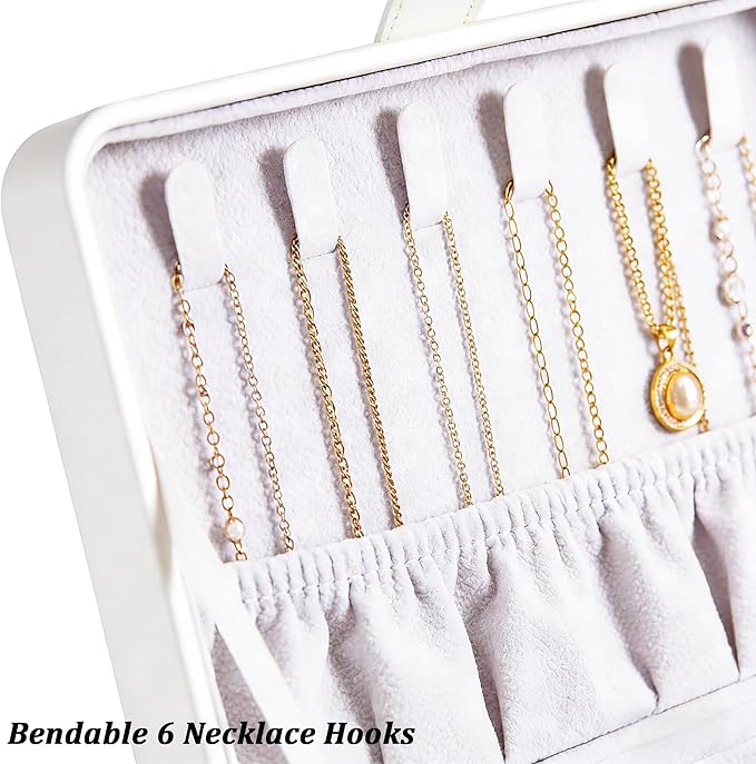 QBestry All-in-One Travel Jewelry Organizer for Women White | Small Jewelry Box with 68 Earring Holes | Compact Portable Jewelry Case for Earrings, Rings, Necklaces | Perfect Gifts for Mom Wife Girls
