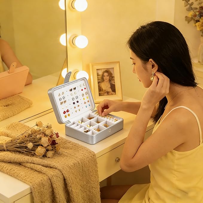 QBestry All-in-One Travel Jewelry Organizer for Women Silver | Small Jewelry Box with 68 Earring Holes | Compact Portable Jewelry Case for Earrings, Rings, Necklaces | Perfect Gifts for Mom Wife Girls