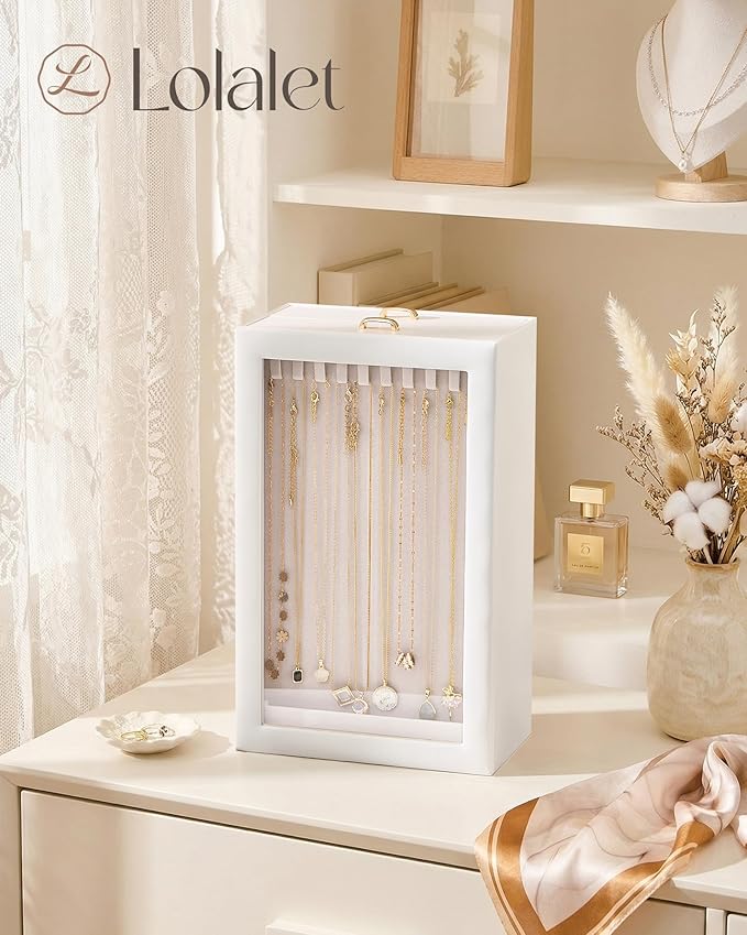 Lolalet Upgraded Double-Sided Hanging Necklace Organizer Box, Jewelry Display Case with Double-Sided Clear Window for Necklaces Bracelets, Tangle-Free Necklace Storage Box, Mothers Day Gift