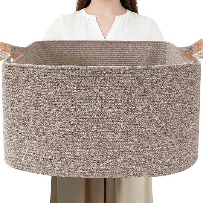 96L Large Blanket Basket,24"x16"x15"Rectangle Storage Bin with Handles,Woven Rope Laundry Basket for Toys, Clothes,Magazines,Home Organization,Nursery,Living Room & Bedroom,Brown