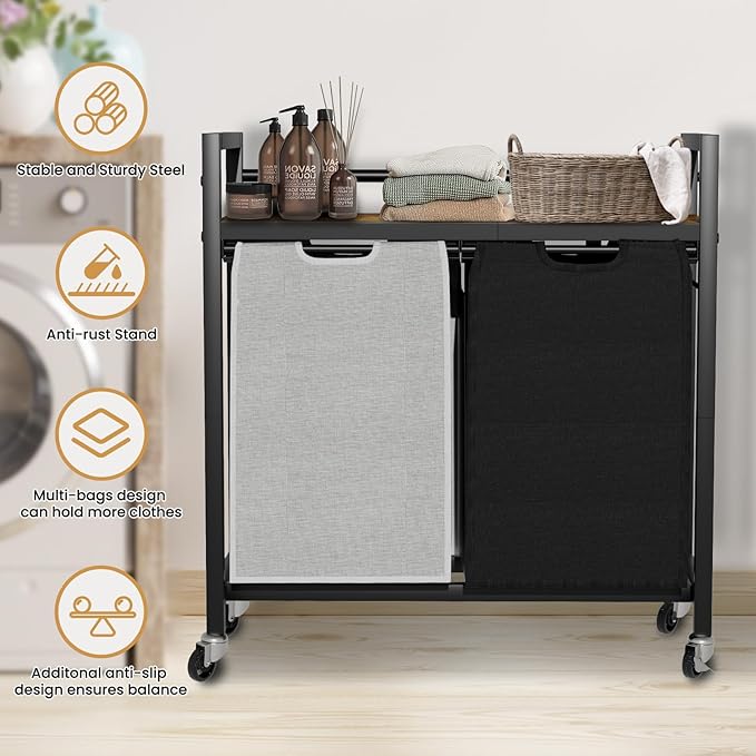 SwaaVee Laundry Hamper, Laundry Basket, Laundry Sorter with 2 Removable Bags, Clothes Basket with 2 Compartments, Wheels, Shelf for Laundry Room Bathroom Bedroom (2 Bags-Black Grey)