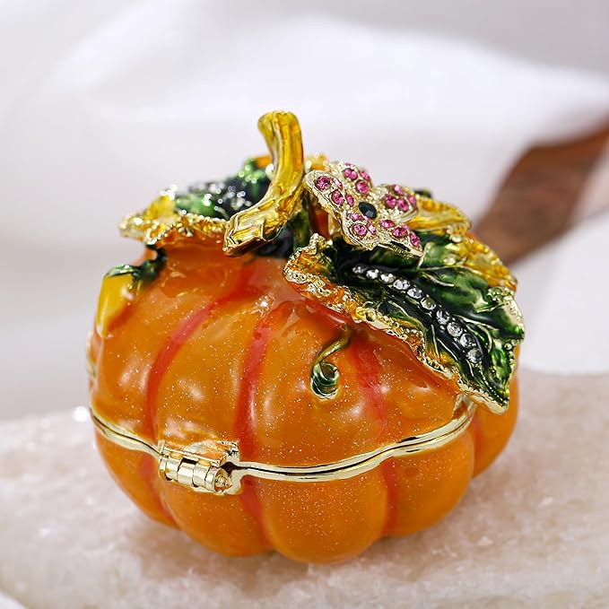 Hand Painted Fruit Trinket Box for Home Decor, Hinged Jewelry Organizer Storage, Unique Personalized Collectible Keepsake Figurine Handmade Decorative Ornament Gifts (Pumpkin)