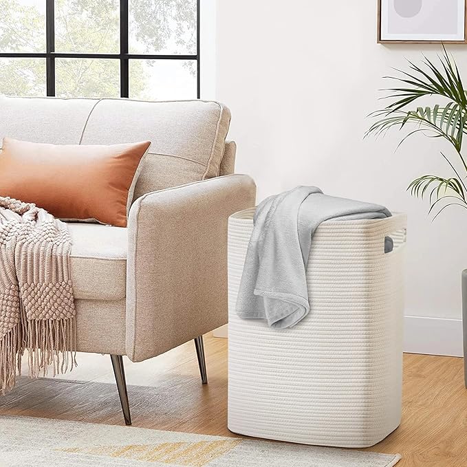 MEGASKET Large Laundry Hamper 16"x13"x22" - Tall Woven Laundry Basket, Cotton Rope Dirty Clothes Hamper, Baby Kids Nursery Wicker Laundry Basket, Bedroom Aesthetic, Soft Laundry Bin, White Hamper, 75L
