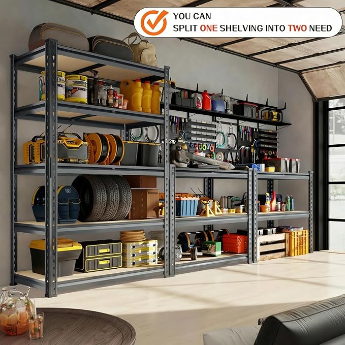 Garage Shelving Heavy Duty, 2450LBS Metal Storage Shelves 5 Tier, Adjustable Shelving Unit 30" W x 12" D x 62" H, Boltless Garage Storage Rack for Grage Basement, Pantry, Warehouse 1Pcs