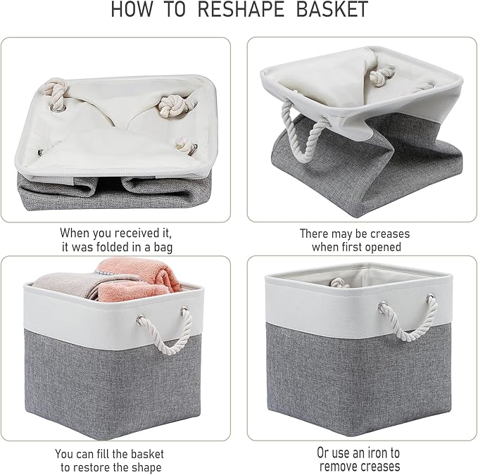 MidmmVick 13 x 13 Inch Cube Storage Bins, 6 Pack Extra Large Collapsible Fabric Storage Bin with Ropes, Foldable Storage Cubes for Home (White & Grey-13"x13"x13")