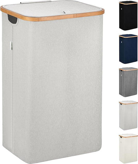 LONBET Laundry Basket with Lid, Made from Breathable Fabric | Aesthetic Clothes Hampers for Laundry with Side Handles & Sturdy Bamboo Frame (26 Gallons - Single, Light Gray)