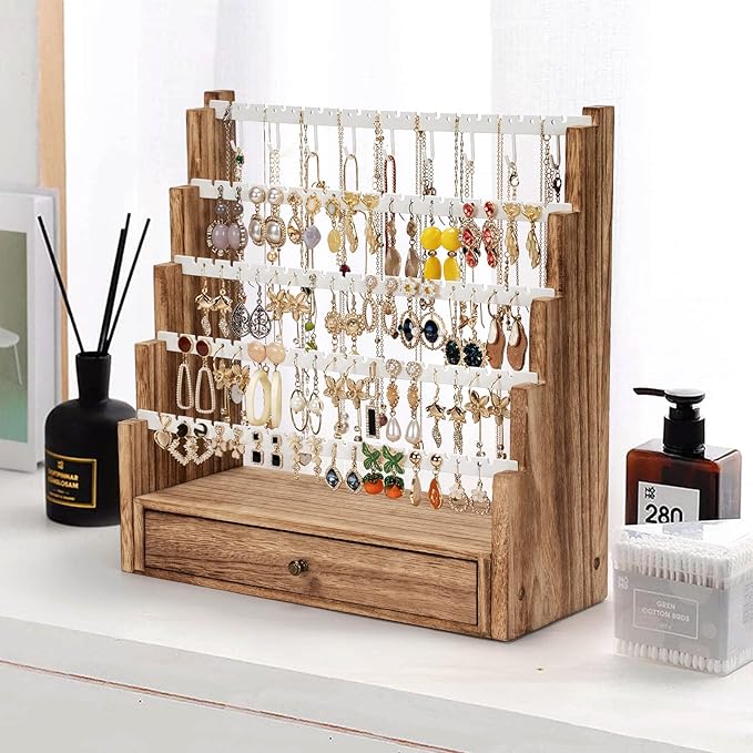 Pinzoveco Earring Organizer, 5 Layer Earring Holder Organizer with Necklace Holder Pole, Rustic Wood Jewelry Organizer Stand Display for Stud Earring Bracelet Necklace Ring, 175 Earring Holes