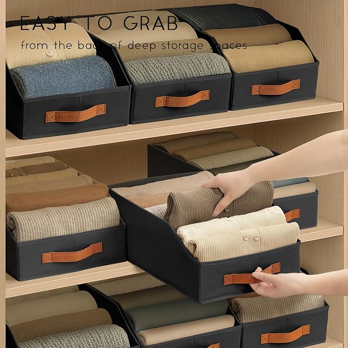Homsorout Fabric Storage Bins for Organizing - 6 Pack Large Trapezoid Collapsible Storage Bins with Front Handle, Closet Organizers and Storage for Bedroom, Home Shelves, Small Spaces, Black