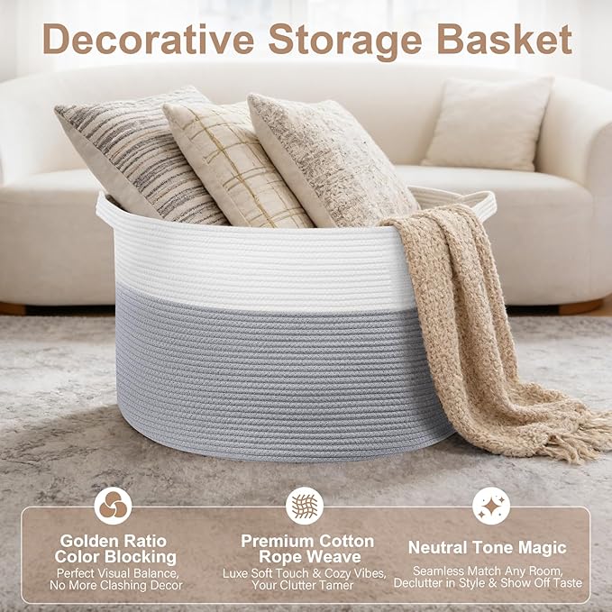 XXL Large Laundry Basket, 90L Soft Cotton Rope Basket, Blanket Storage and Organizers, Baby Nursery Laundry Hamper, Extra Large Toys Storage Bins for Kids 23'' x 13'', White & Gray