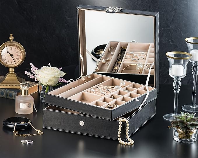 Glenor Co 28 Section Jewelry Box - 2 Layer - Buckle Snap & Magnet Closure - Large Mirror - Pu Leather - Black - Jewelry Organizer for Women & Girls - Holder for Earring Ring Necklace & Bracelet