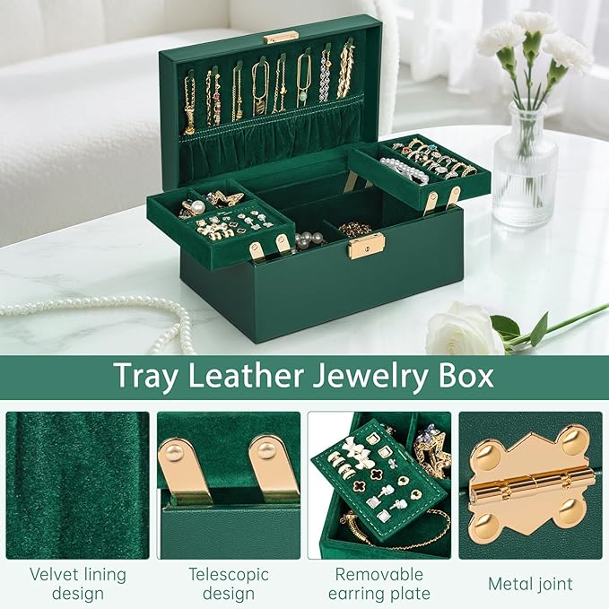 AKOZLIN Travel Jewelry Box Organizer Functional 2-trays Leather Jewelry Storage Case with Lockable Portable for Women Girls Ring Necklace Earring Bracelet