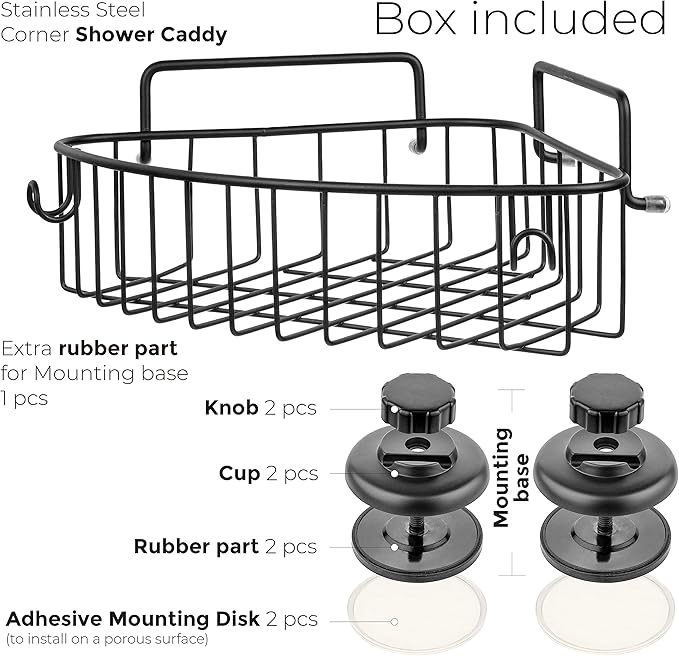 HASKO accessories Corner Shower Caddy with Suction Cup Shower Shelf with Hooks, Stainless Steel Bathroom Caddy, Wall Mounted Shower Basket for Bathroom, Adhesive 3M Stick Discs Included (Black)