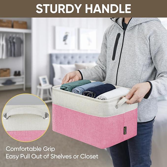 BALEINE 2 Pack Fabric Closet Storage Bins for Shelves, Linen Closet Organizers and Storage, Decorative Baskets for Organizing, Shelf, Clothes, Home, Office (Pink, 15''x11''x9.5'')