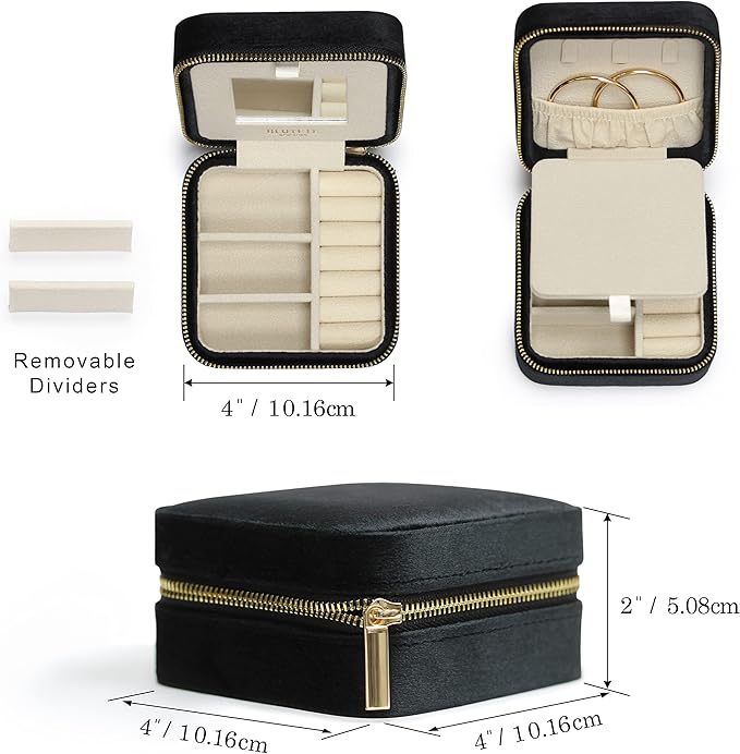BLUTETE Travel Jewelry Box Organizer Velvet Travel Case With Mirror Rings Earrings Necklaces Storage Organizer Box (Black)