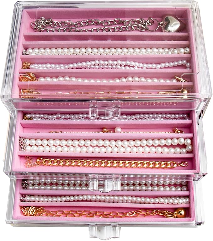 YUFONG Necklace Holder Organizer, Dustproof Necklace Box Velvet Necklace Organizer Box with Lid Clear Acrylic Dustproof Stackable Jewelry Displays for Necklaces Chain Display (Pink, 3 Drawer)