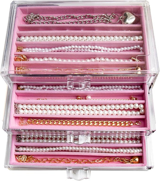 YUFONG Necklace Holder Organizer, Dustproof Necklace Box Velvet Necklace Organizer Box with Lid Clear Acrylic Dustproof Stackable Jewelry Displays for Necklaces Chain Display (Pink, 3 Drawer)