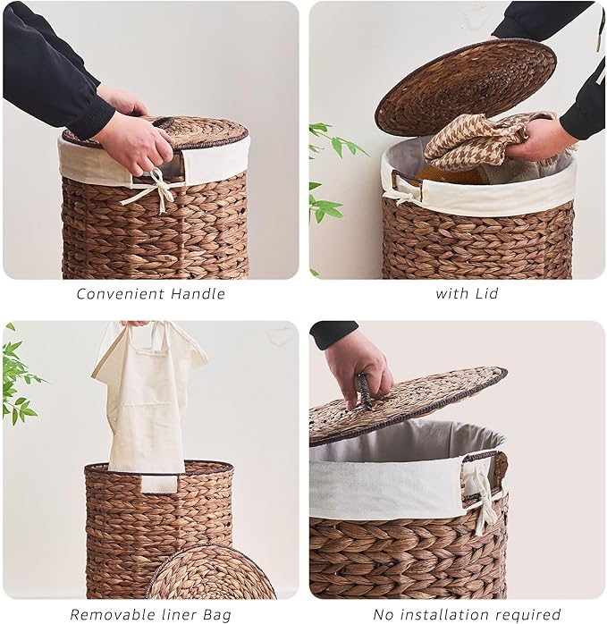 Round Water Hyacinth Laundry Hamper with Lid Handwoven Wicker Basket with Handles for Dirty Clothes, Storage, and Organization Ideal for Bedroom, Bathroom, and Laundry Room, No Assembly Required, 2Pcs